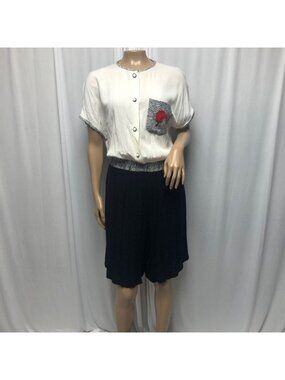 Russ Petites Black White Shorts Romper Womens 14 Button Front USA Vintage Retro